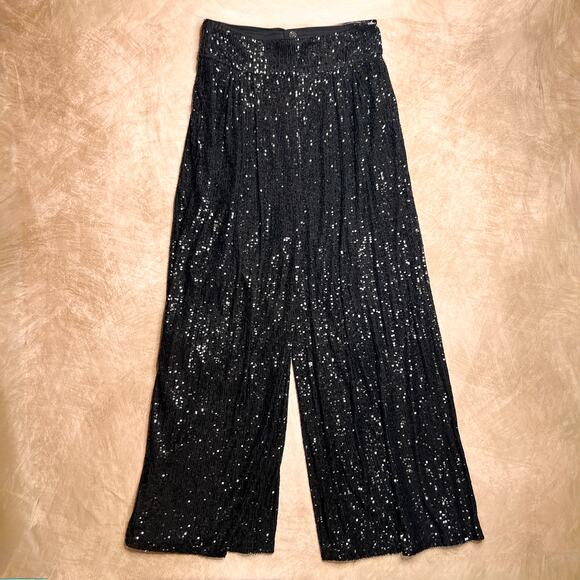Eliza J Black Sequined Wide Leg Formal Pants High Rise Disco Whimsigoth Party - Picture 8 of 8